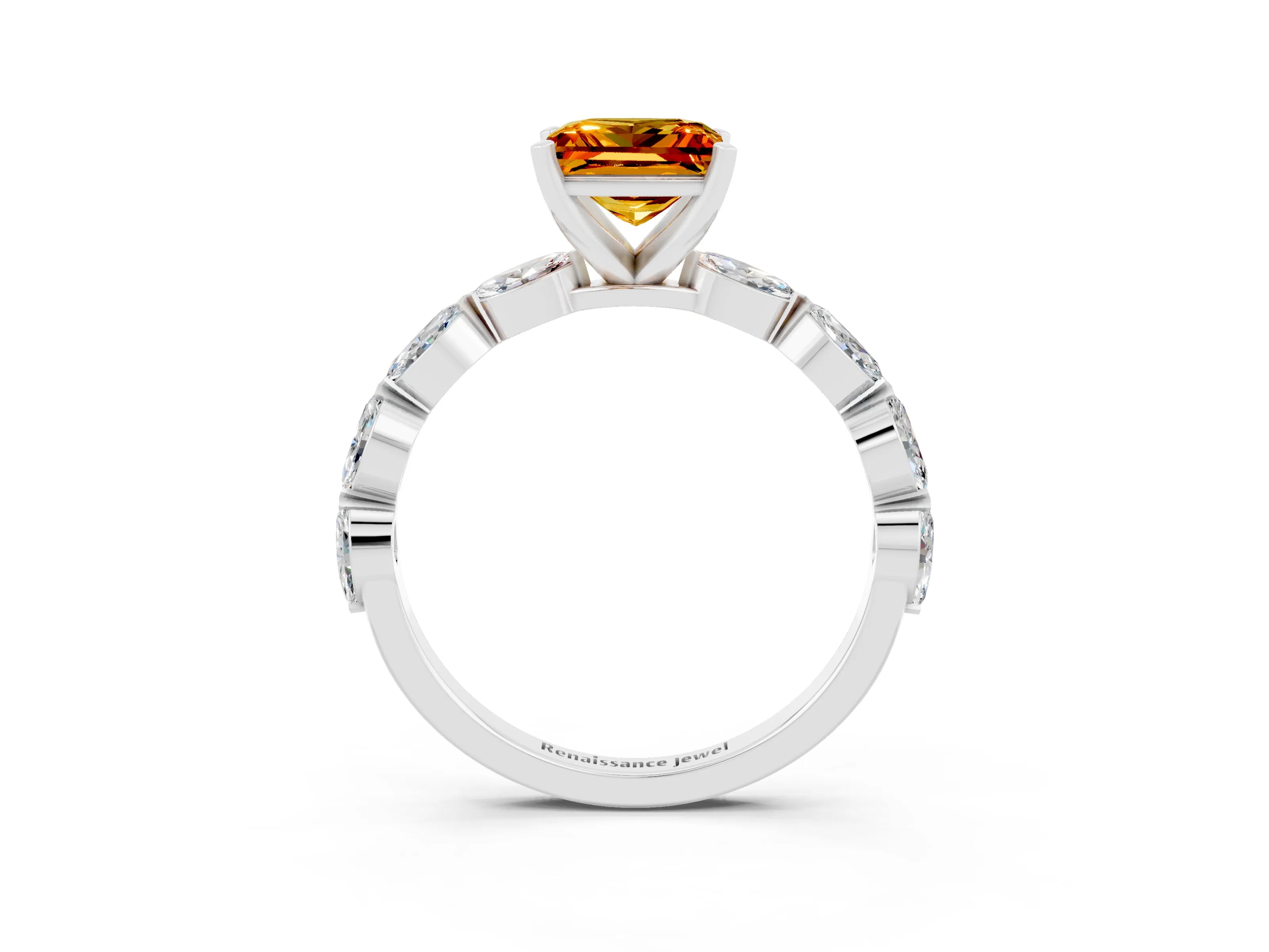 White gold Princess Cut Citrine Ring with Marquise Side Stones and Prong Setting_3