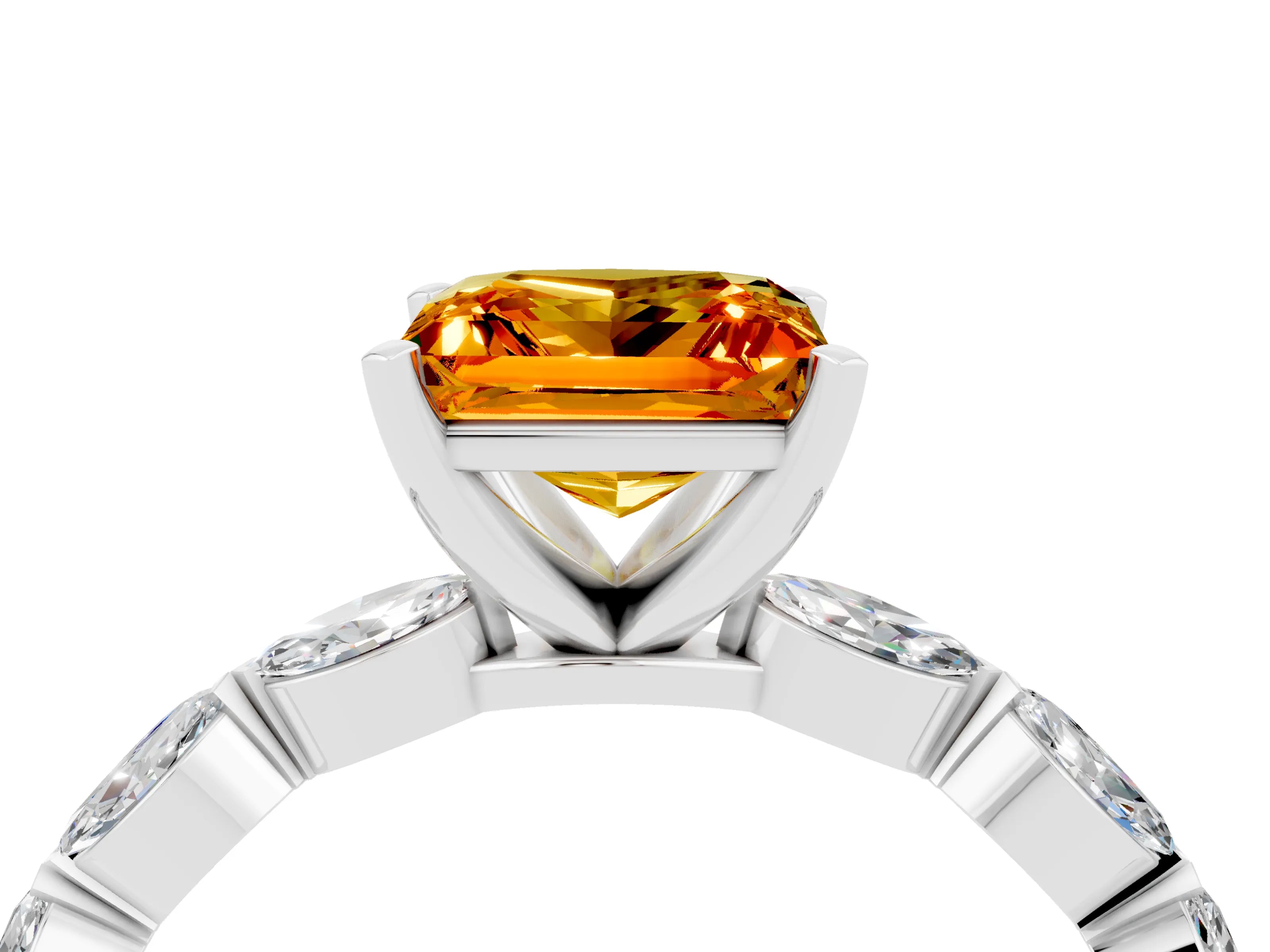 White gold Princess Cut Citrine Ring with Marquise Side Stones and Prong Setting_4