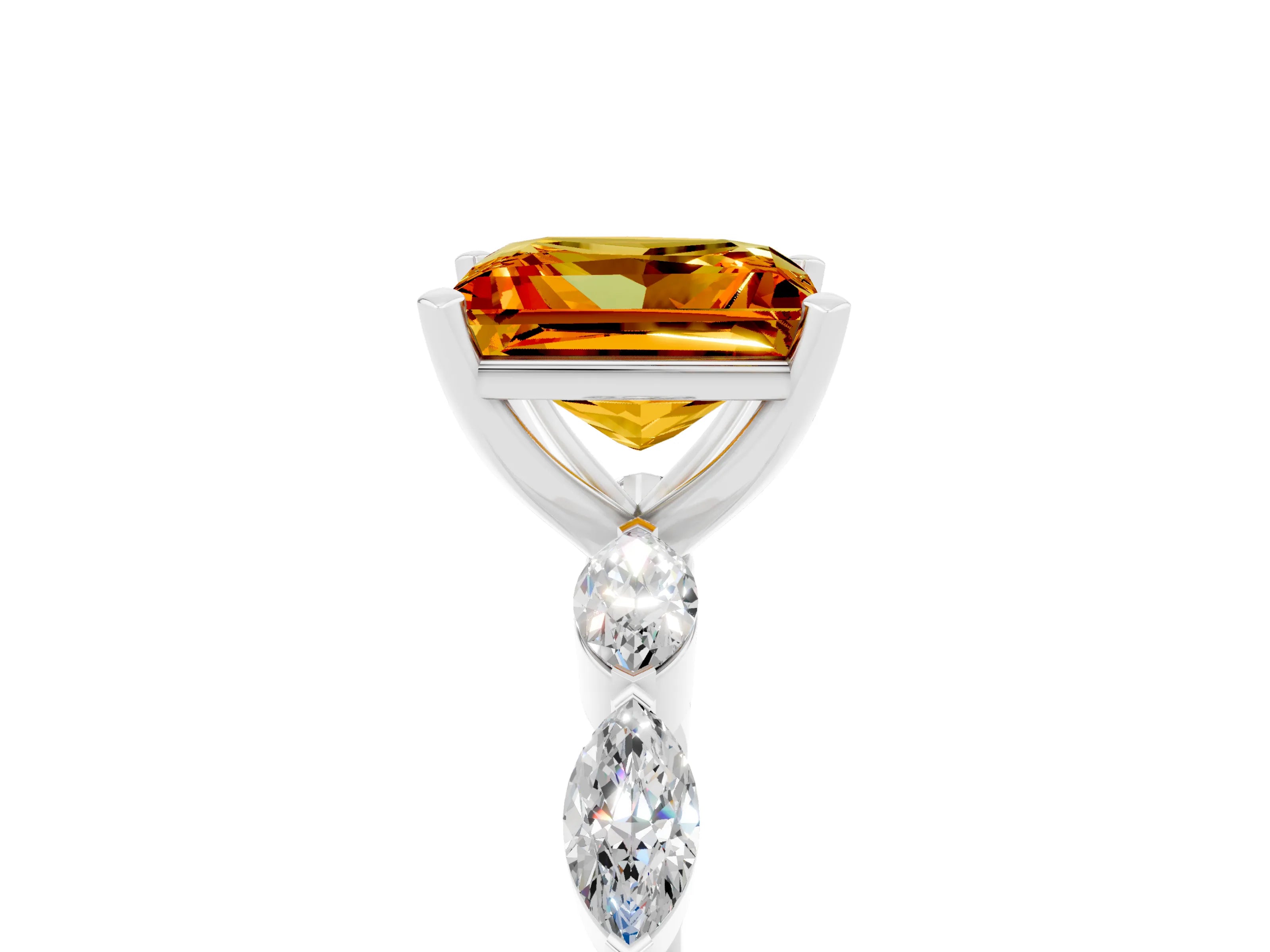 White gold Princess Cut Citrine Ring with Marquise Side Stones and Prong Setting_5