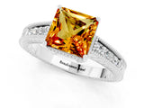 White gold Princess Cut Citrine Ring with Milgrain Pavé Band and Four-Prong Setting_13