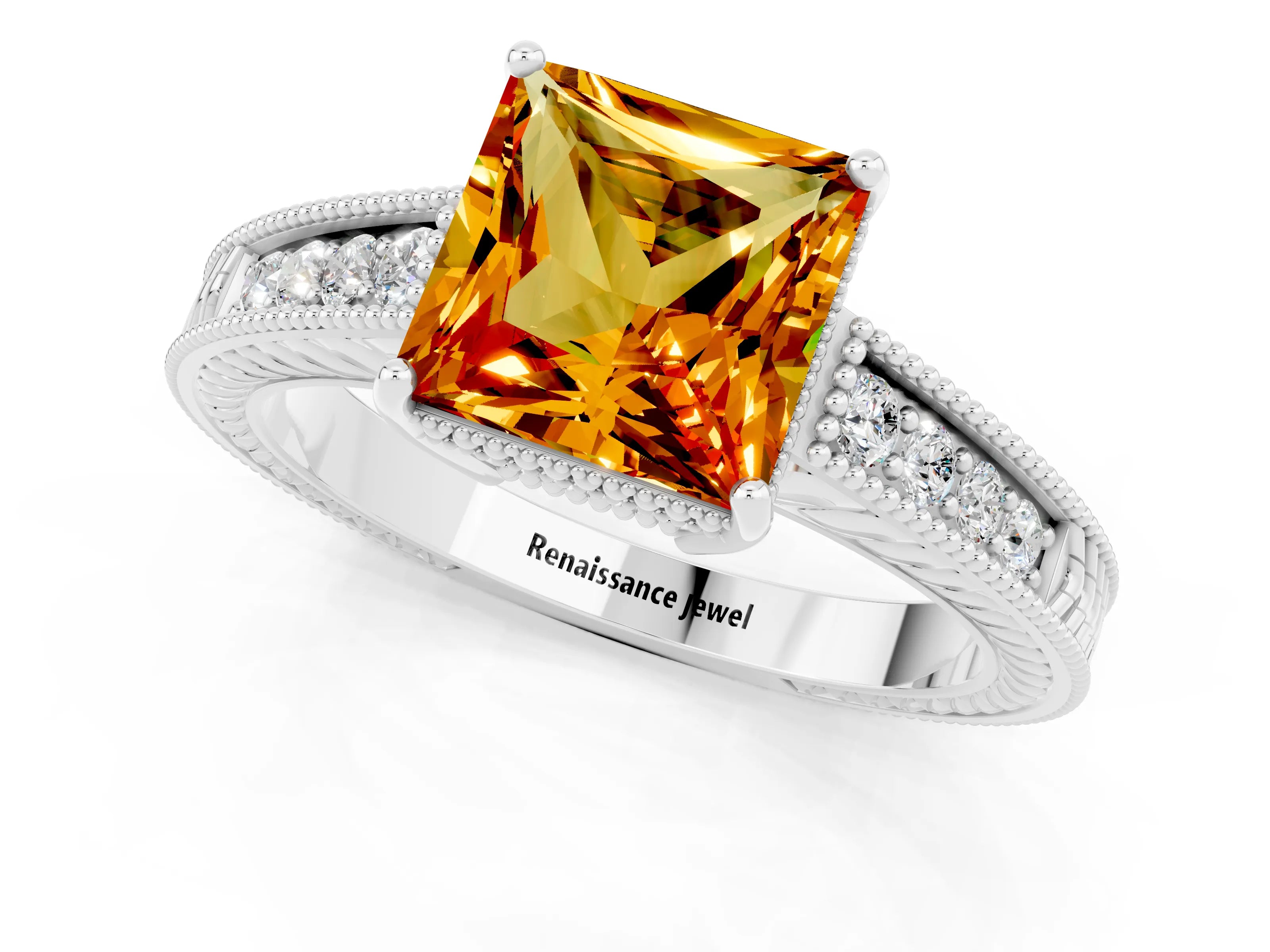 White gold Princess Cut Citrine Ring with Milgrain Pavé Band and Four-Prong Setting_13