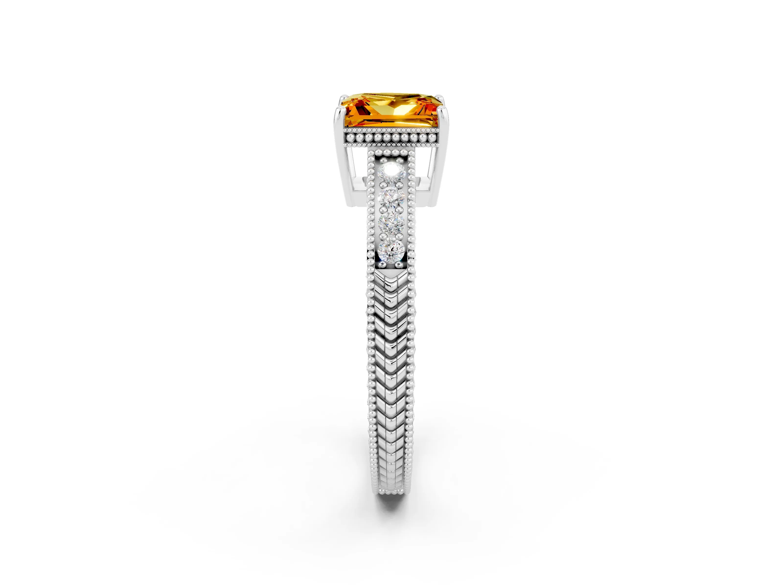White gold Princess Cut Citrine Ring with Milgrain Pavé Band and Four-Prong Setting_14