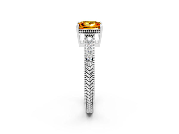 White gold Princess Cut Citrine Ring with Milgrain Pavé Band and Four-Prong Setting