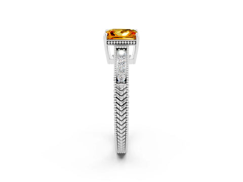 White gold Princess Cut Citrine Ring with Milgrain Pavé Band and Four-Prong Setting_14