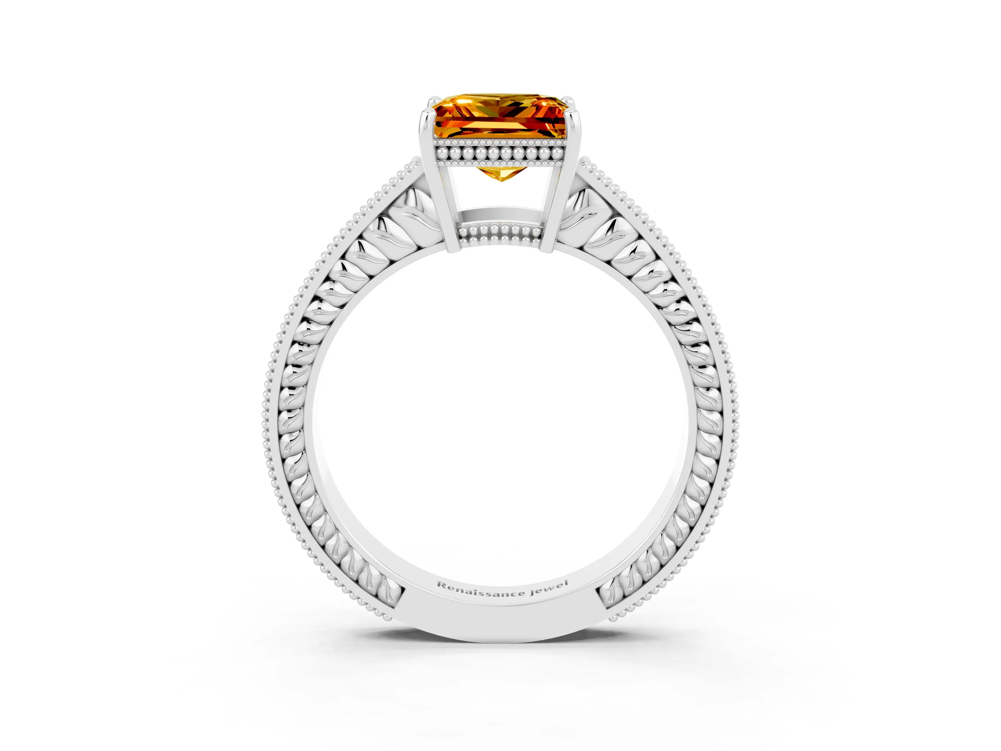 White gold Princess Cut Citrine Ring with Milgrain Pavé Band and Four-Prong Setting_15
