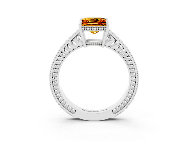 Silver Princess Cut Citrine Ring with Milgrain Pavé Band and Four-Prong Setting