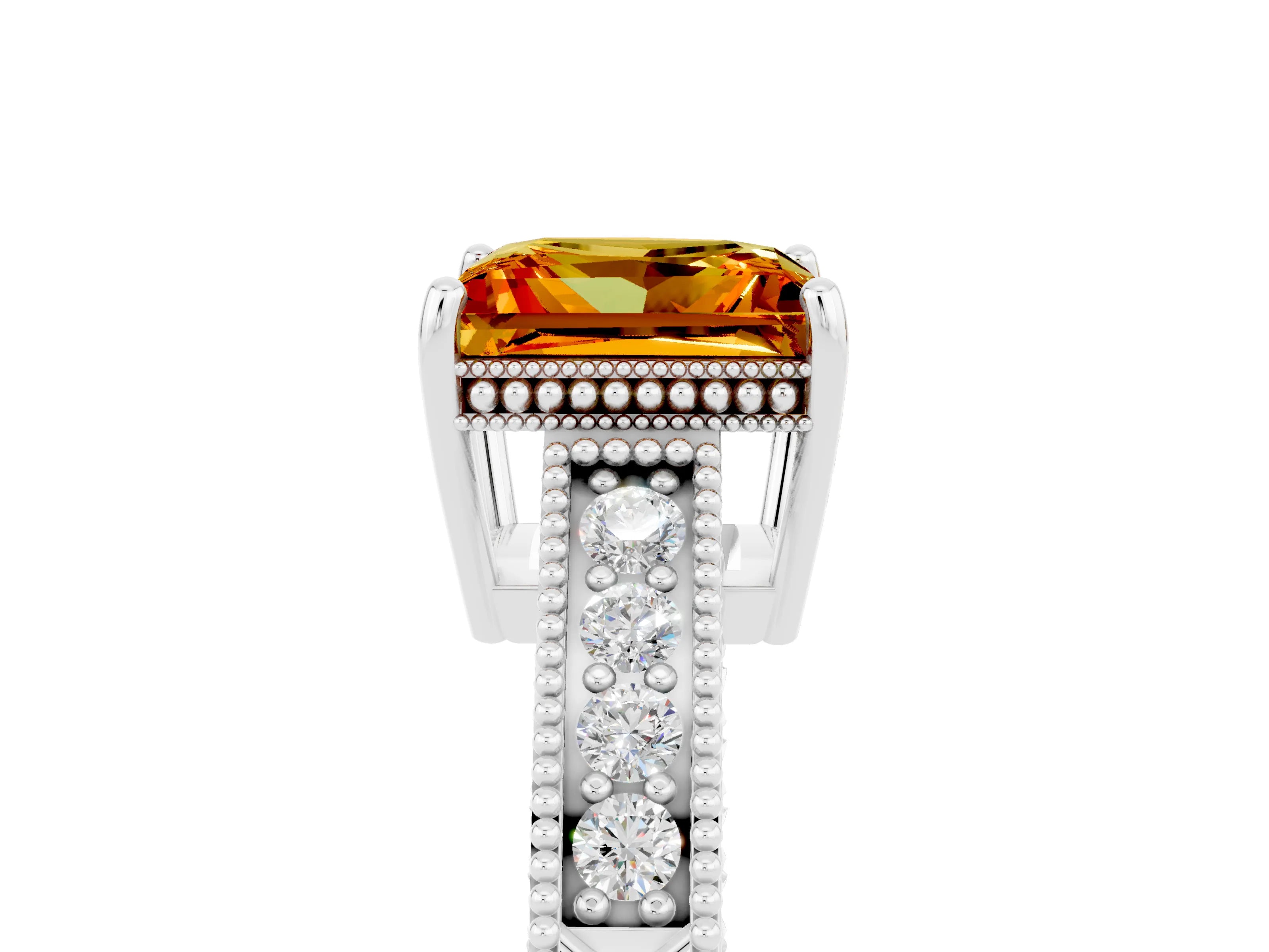 White gold Princess Cut Citrine Ring with Milgrain Pavé Band and Four-Prong Setting_17