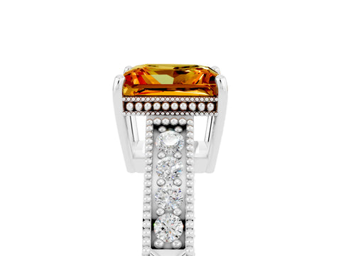 White gold Princess Cut Citrine Ring with Milgrain Pavé Band and Four-Prong Setting_17