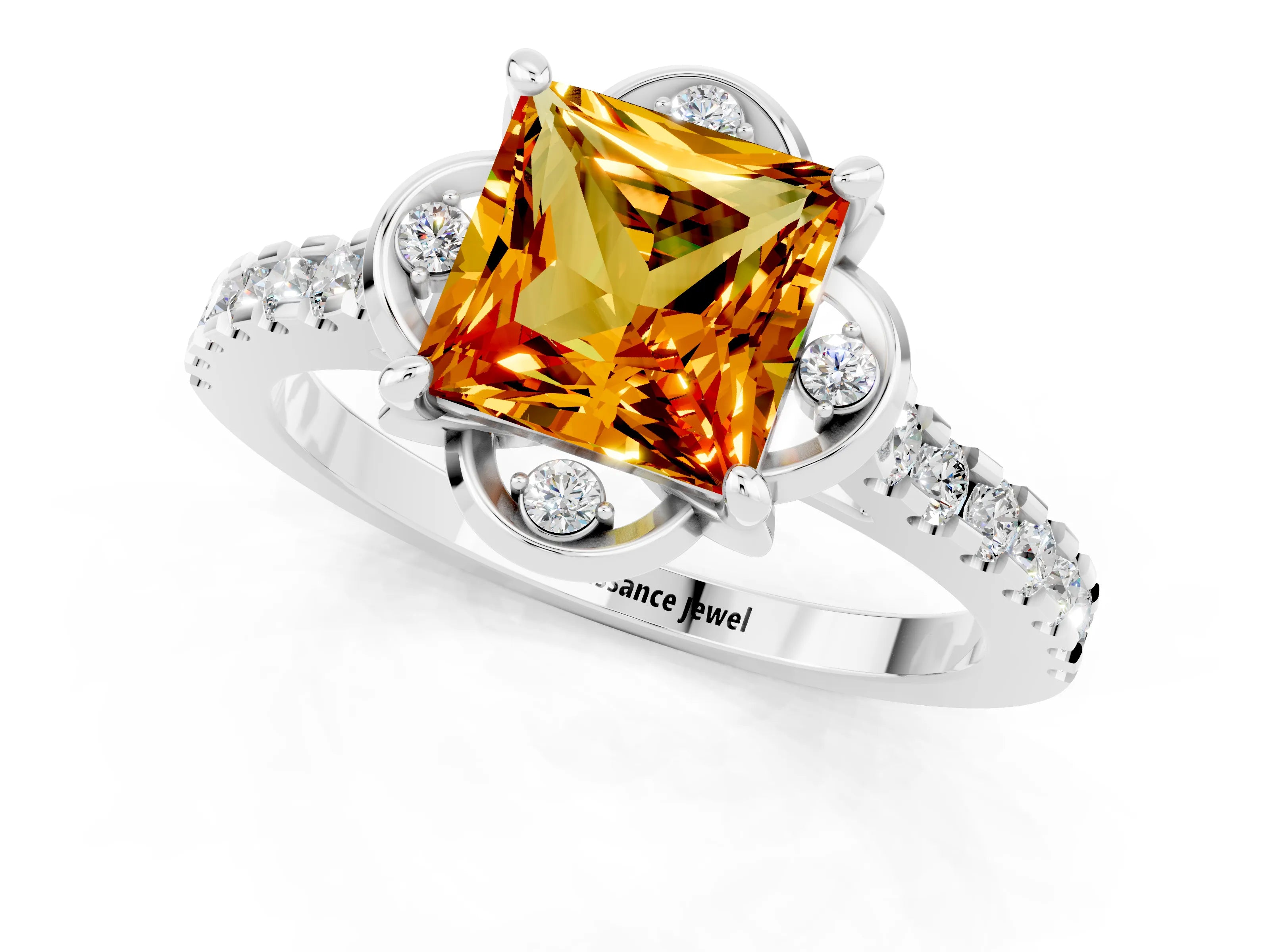 White gold Princess Cut Citrine Ring with Pavé Band and Floral Prong Setting_1
