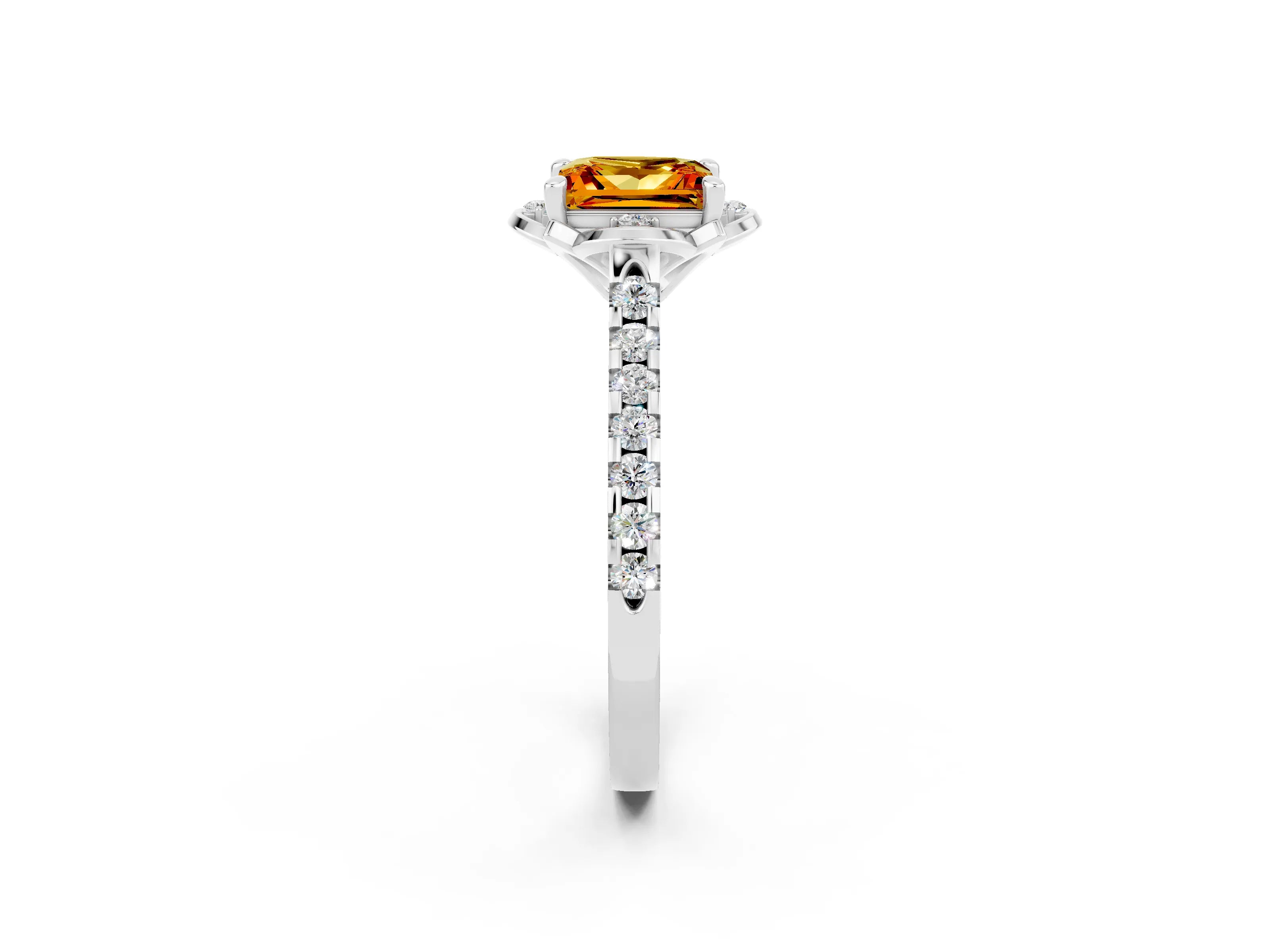 White gold Princess Cut Citrine Ring with Pavé Band and Floral Prong Setting_2