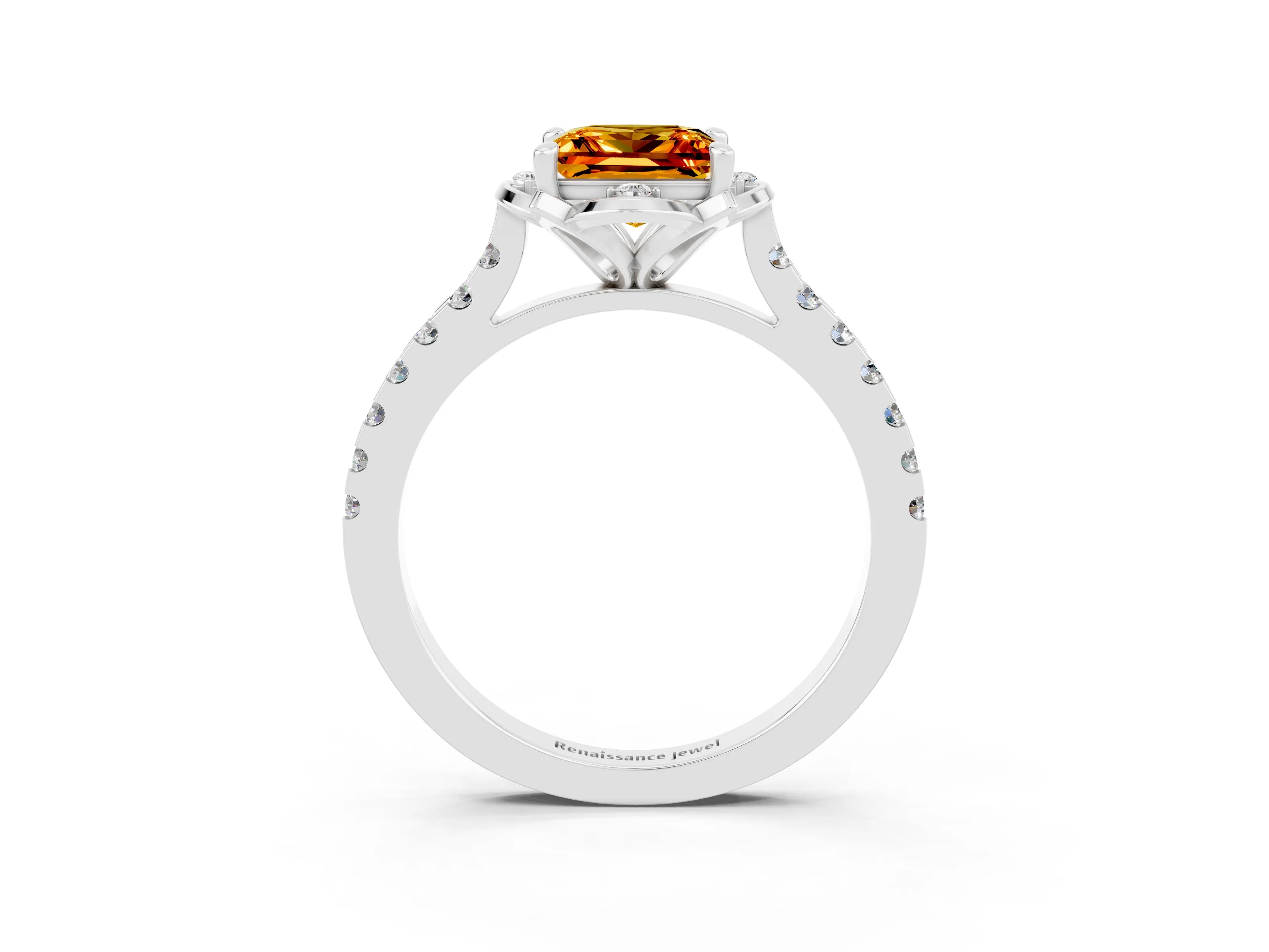 White gold Princess Cut Citrine Ring with Pavé Band and Floral Prong Setting_3