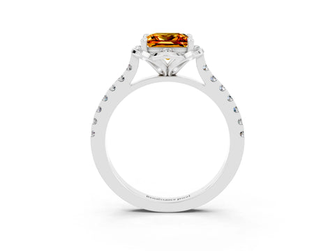 White gold Princess Cut Citrine Ring with Pavé Band and Floral Prong Setting_3