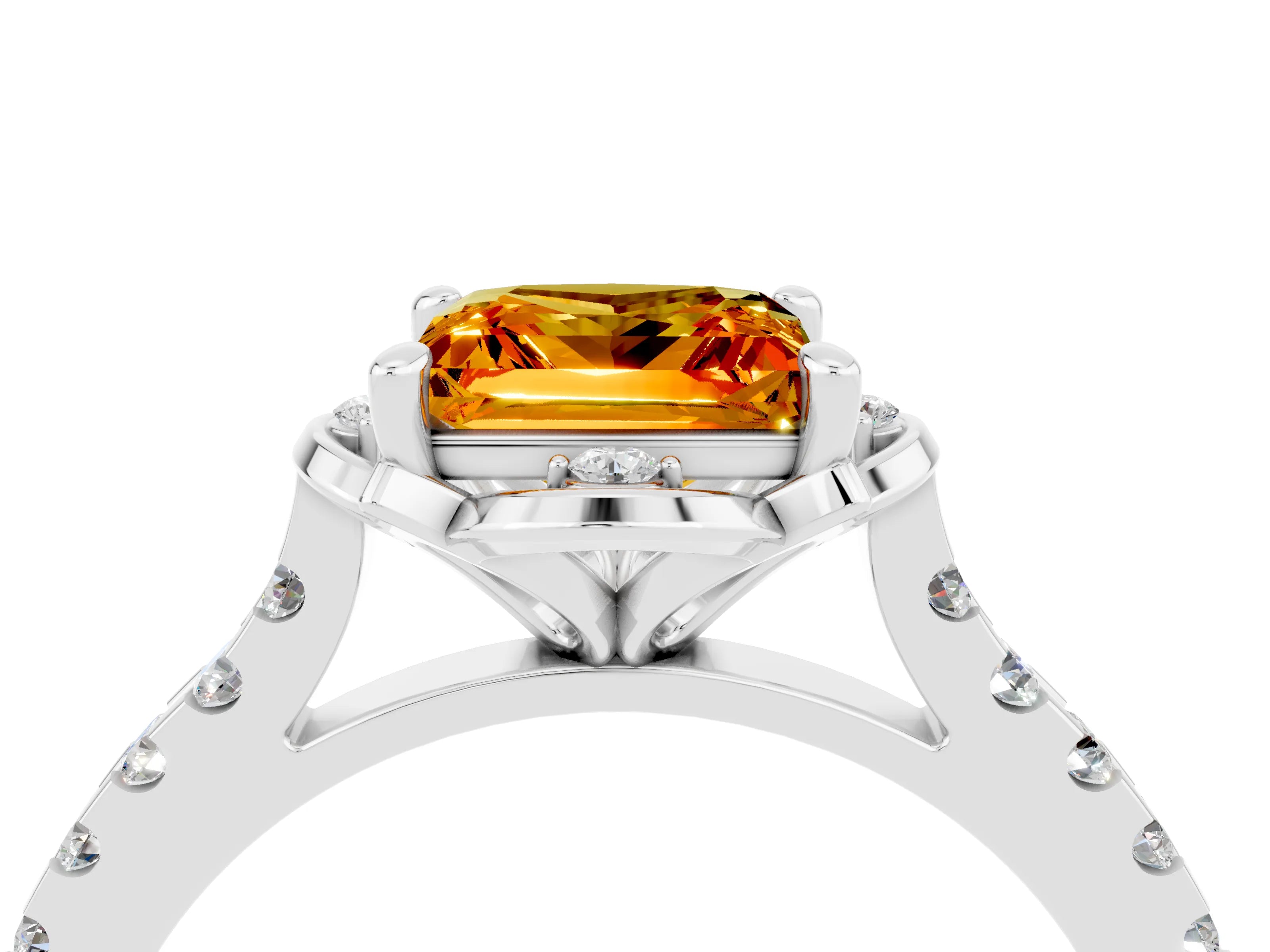 White gold Princess Cut Citrine Ring with Pavé Band and Floral Prong Setting_4