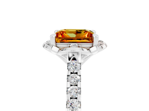 White gold Princess Cut Citrine Ring with Pavé Band and Floral Prong Setting_5