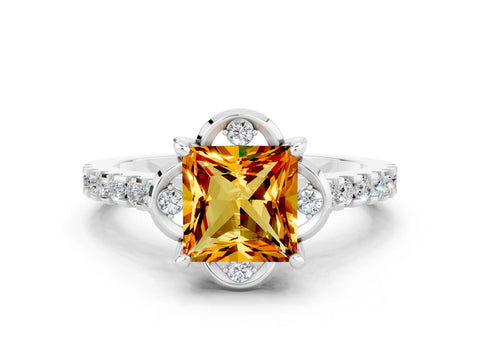 White gold Princess Cut Citrine Ring with Pavé Band and Floral Prong Setting