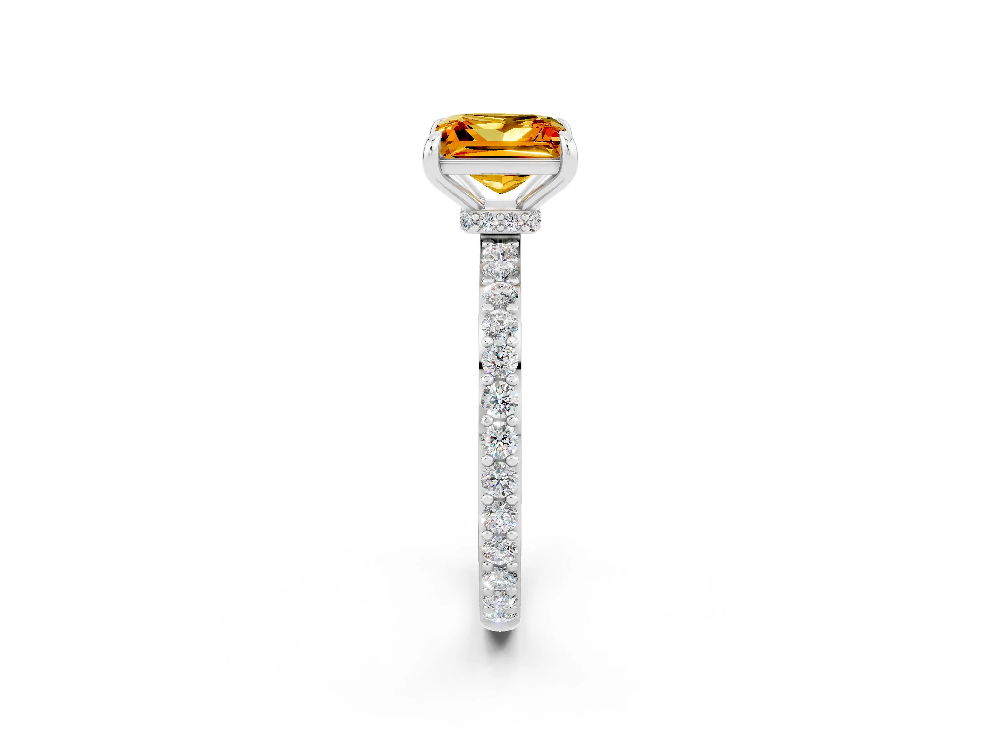 White gold Princess Cut Citrine Ring with Pavé Band and Four-Prong Setting_2