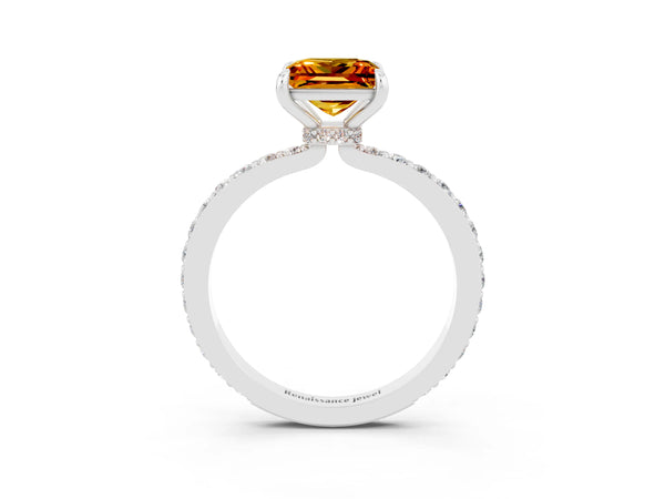Platinum Princess Cut Citrine Pavé Engagement Ring with Round  Accents and Prong Setting
