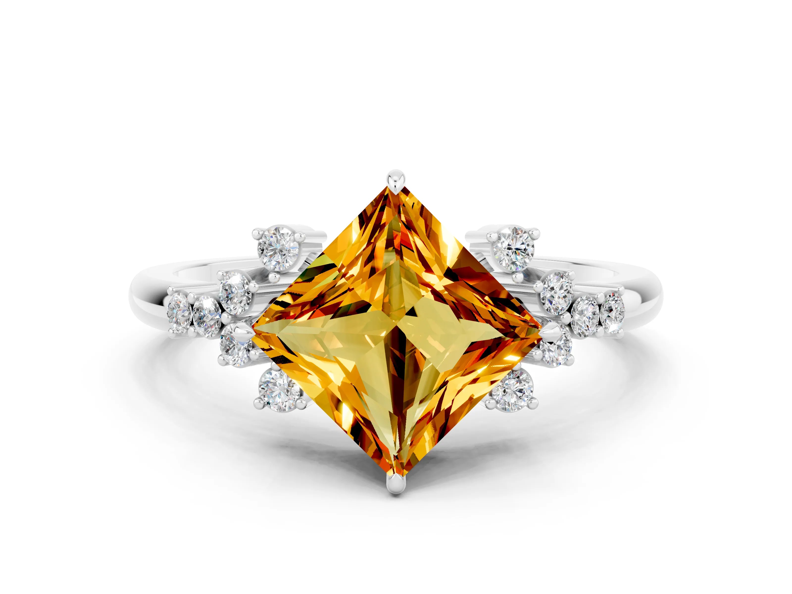 White gold Princess Cut Citrine Ring with Side Stones and Four-Prong Setting_36