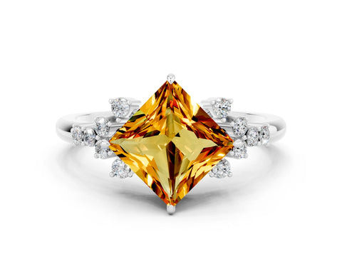 White gold Princess Cut Citrine Ring with Side Stones and Four-Prong Setting_36