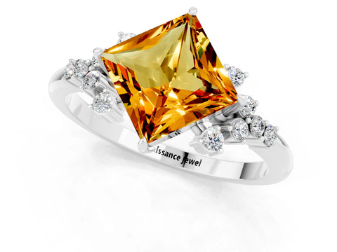 White gold Princess Cut Citrine Ring with Side Stones and Four-Prong Setting_37