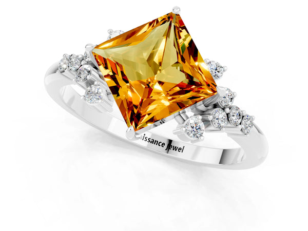 Silver Princess Cut Citrine Ring with Side Stones and Four-Prong Setting