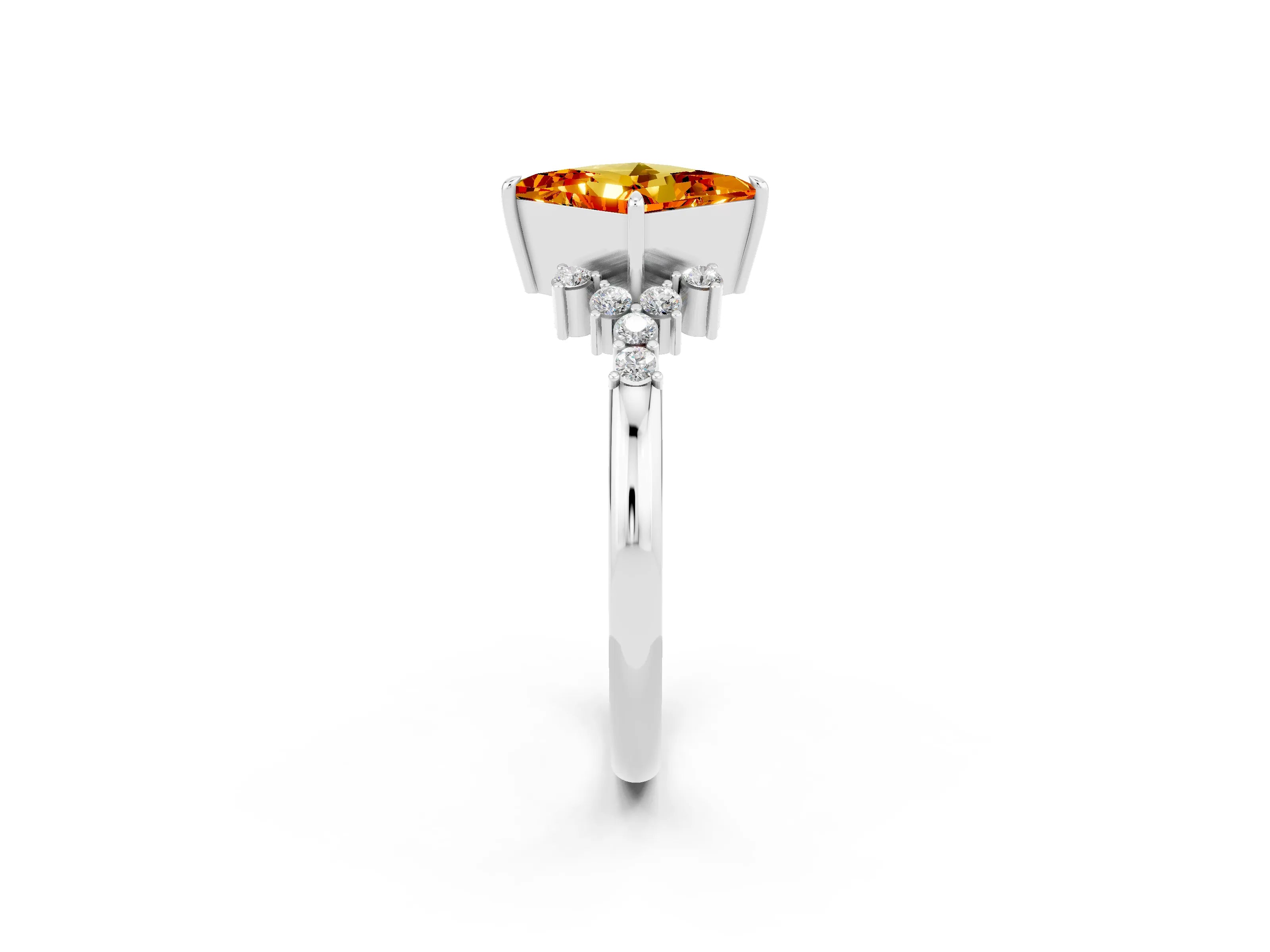 White gold Princess Cut Citrine Ring with Side Stones and Four-Prong Setting_38