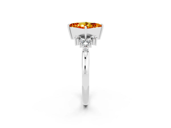 Silver Princess Cut Citrine Ring with Side Stones and Four-Prong Setting