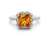 White gold Princess Cut Citrine Scalloped Halo Engagement Ring with Round Shared Prong Band_12