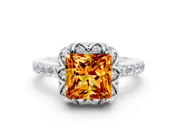 Platinum Princess Cut Citrine Scalloped Halo Engagement Ring with Round Shared Prong Band