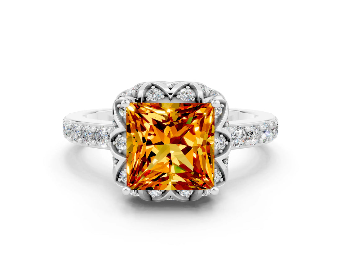 White gold Princess Cut Citrine Scalloped Halo Engagement Ring with Round Shared Prong Band_12