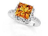 White gold Princess Cut Citrine Scalloped Halo Engagement Ring with Round Shared Prong Band_13