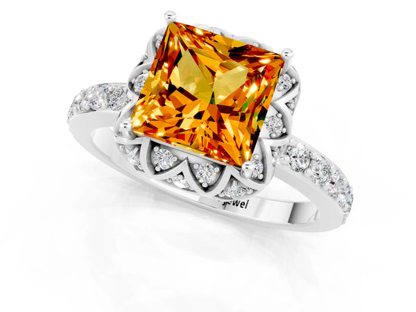 Platinum Princess Cut Citrine Scalloped Halo Engagement Ring with Round Shared Prong Band