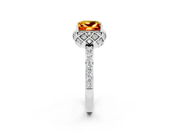 White gold Princess Cut Citrine Scalloped Halo Engagement Ring with Round Shared Prong Band
