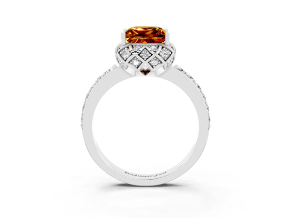 Platinum Princess Cut Citrine Scalloped Halo Engagement Ring with Round Shared Prong Band