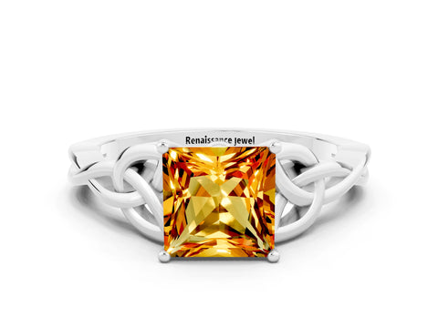 White gold Princess Cut Citrine Solitaire Celtic Knot Ring with Four-Prong Setting_12
