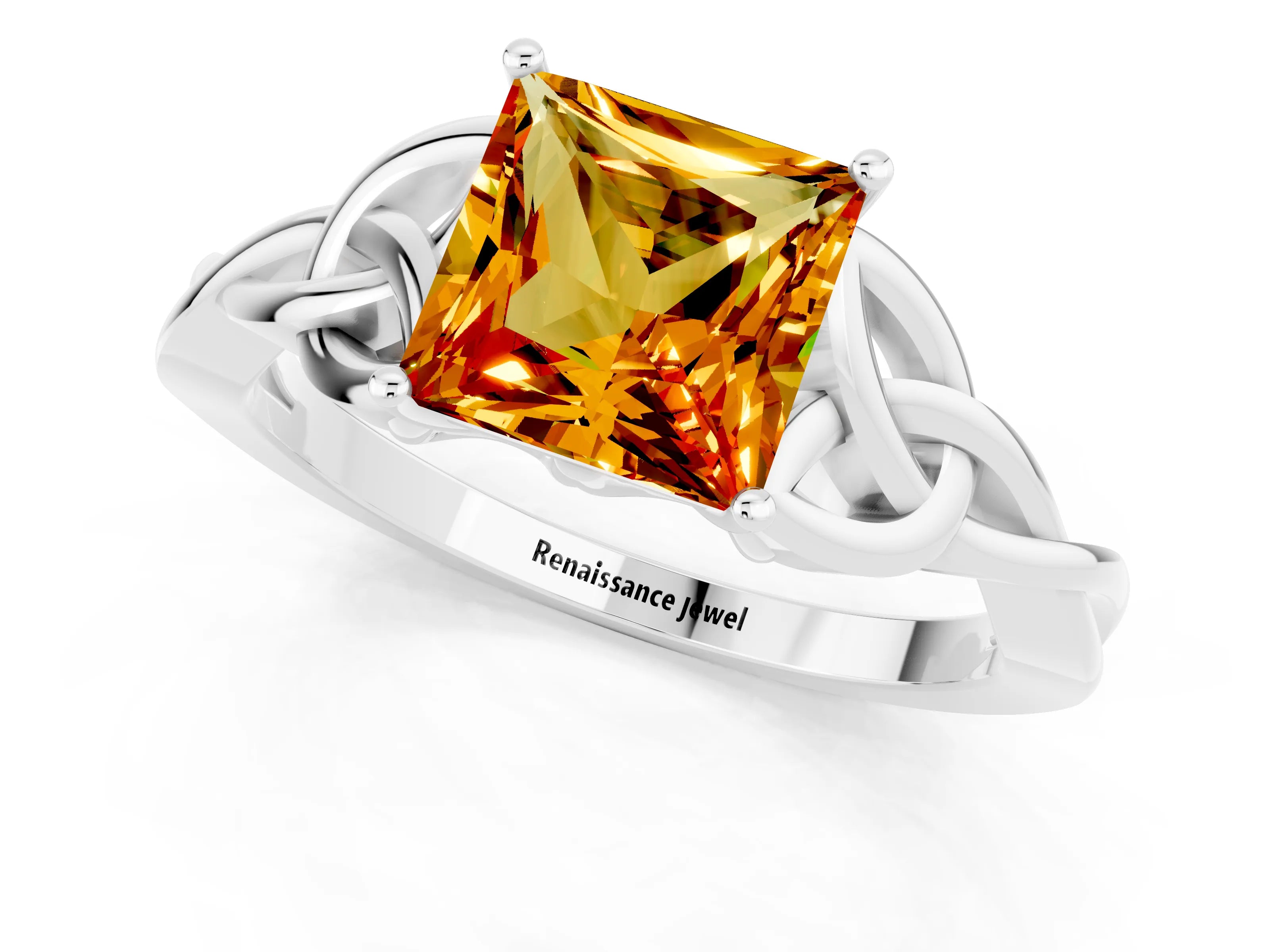 White gold Princess Cut Citrine Solitaire Celtic Knot Ring with Four-Prong Setting_13
