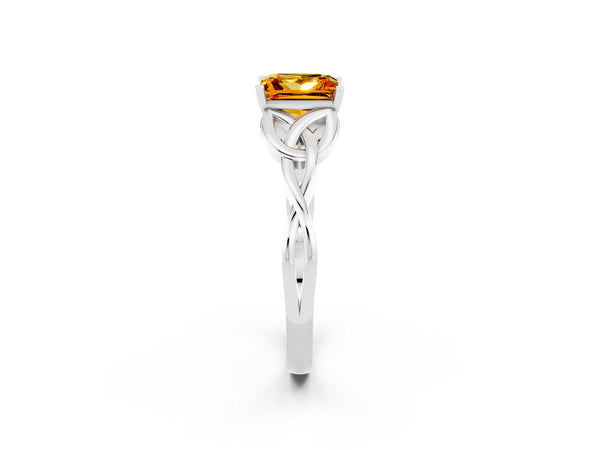 White gold Princess Cut Citrine Solitaire Celtic Knot Ring with Four-Prong Setting