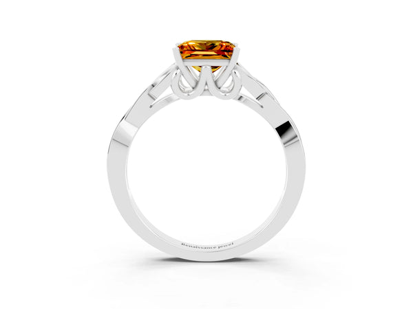White gold Princess Cut Citrine Solitaire Celtic Knot Ring with Four-Prong Setting