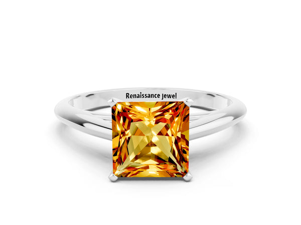 White gold Princess Cut Citrine Solitaire Engagement Ring with Cathedral Setting and Four-Prong Mount