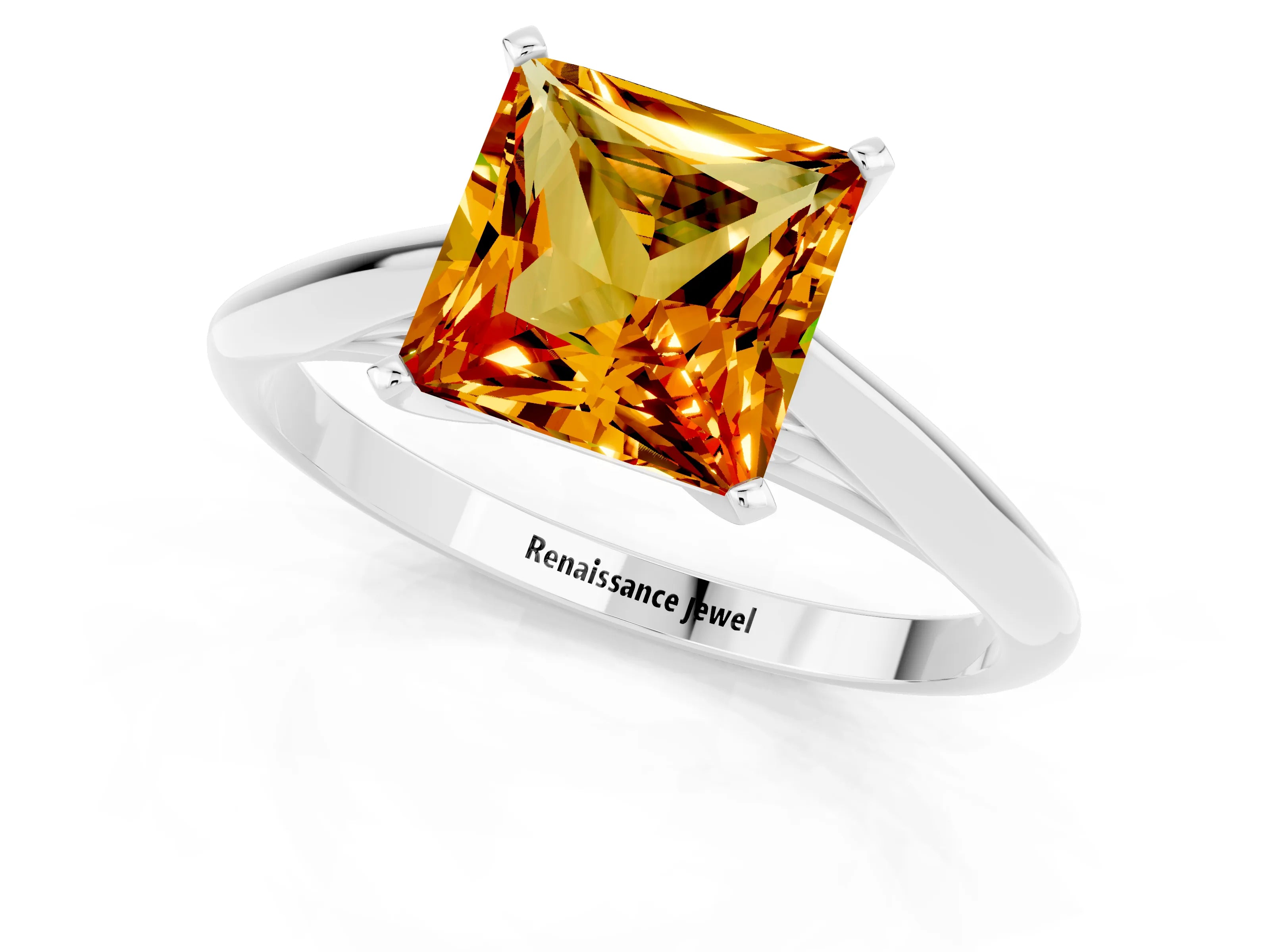 White gold Princess Cut Citrine Solitaire Engagement Ring with Cathedral Setting and Four-Prong Mount_25