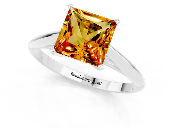 White gold Princess Cut Citrine Solitaire Engagement Ring with Cathedral Setting and Four-Prong Mount