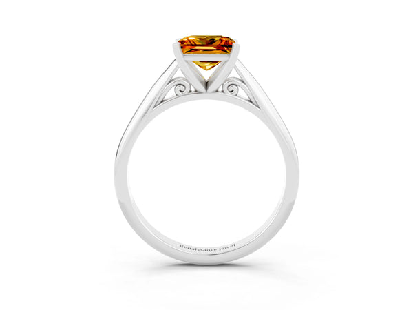 White gold Princess Cut Citrine Solitaire Engagement Ring with Cathedral Setting and Four-Prong Mount