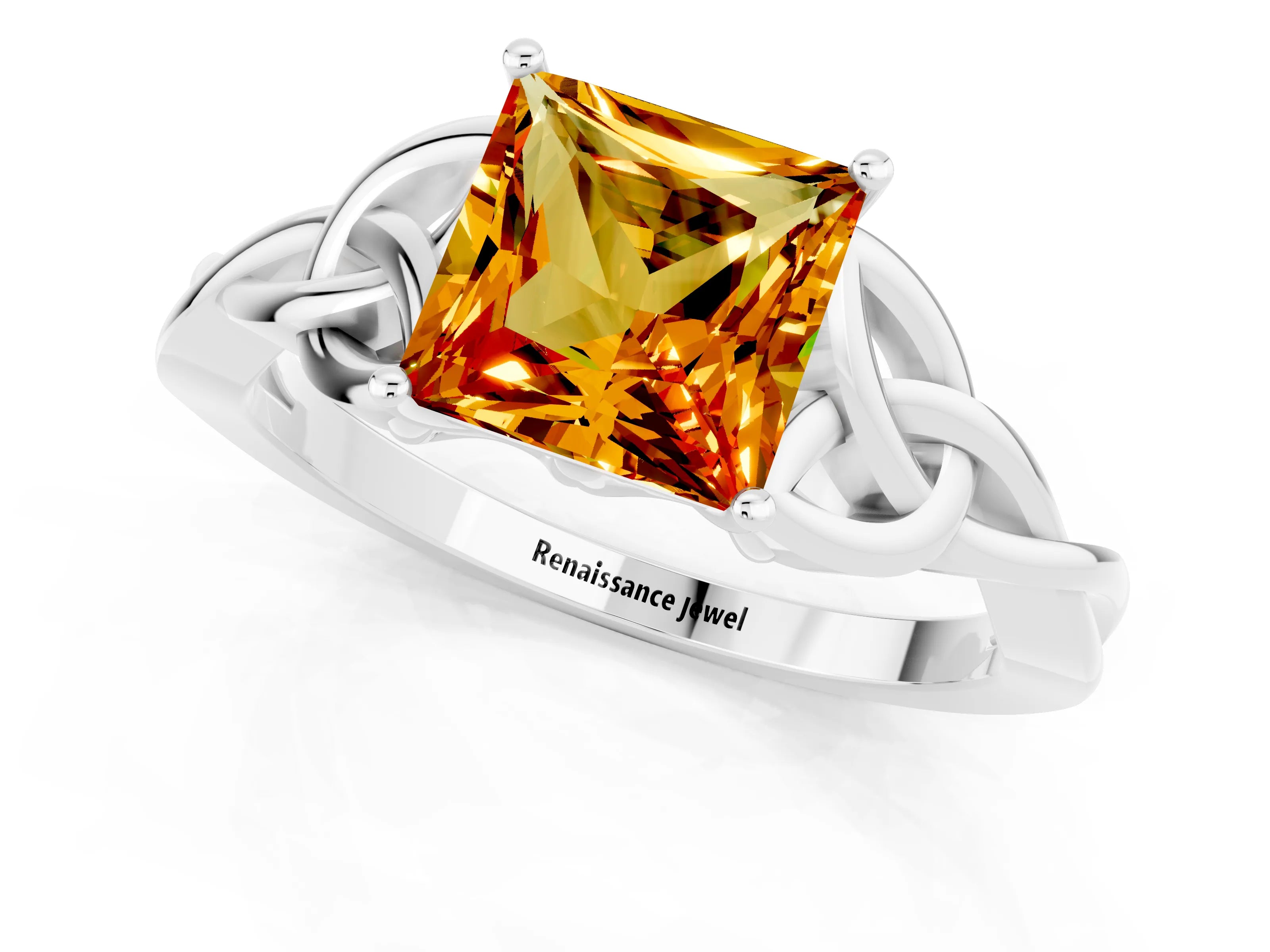 White gold Princess Cut Citrine Solitaire Engagement Ring with Celtic Knot Band and Four-Prong Setting_1
