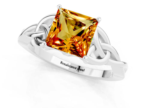 White gold Princess Cut Citrine Solitaire Engagement Ring with Celtic Knot Band and Four-Prong Setting_1