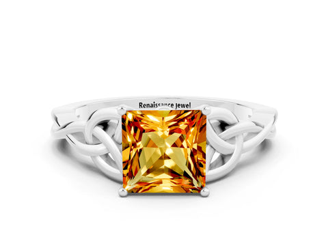 White gold Princess Cut Citrine Solitaire Engagement Ring with Celtic Knot Band and Four-Prong Setting