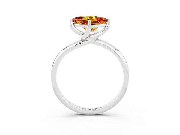Platinum Princess Cut Citrine Solitaire Engagement Ring with Four-Prong Setting and Classic Band