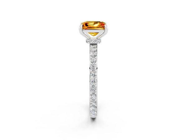 White gold Princess Cut Citrine Solitaire Engagement Ring with Pavé Band and Four-Prong Setting