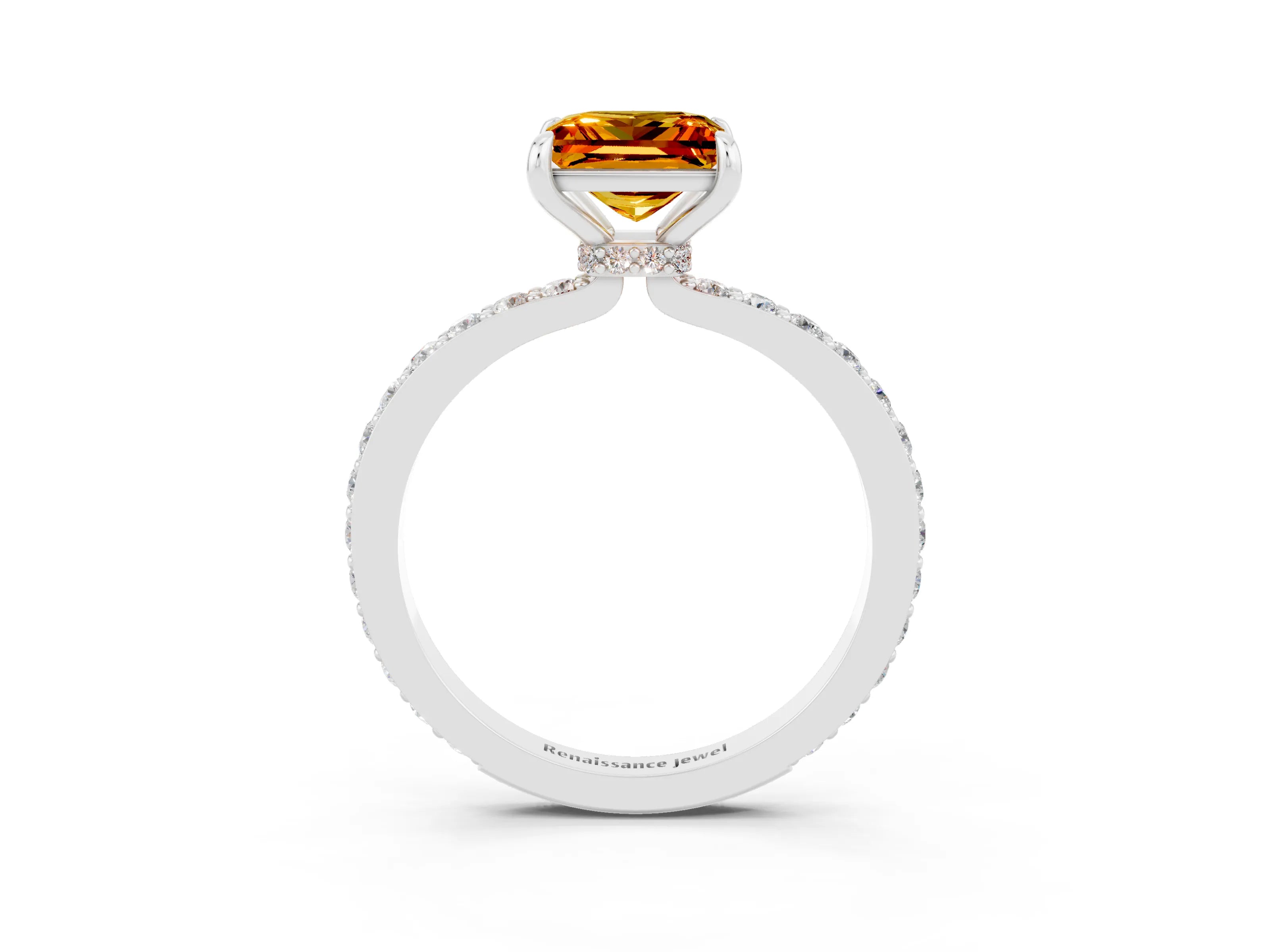White gold Princess Cut Citrine Solitaire Engagement Ring with Pavé Band and Four-Prong Setting_3