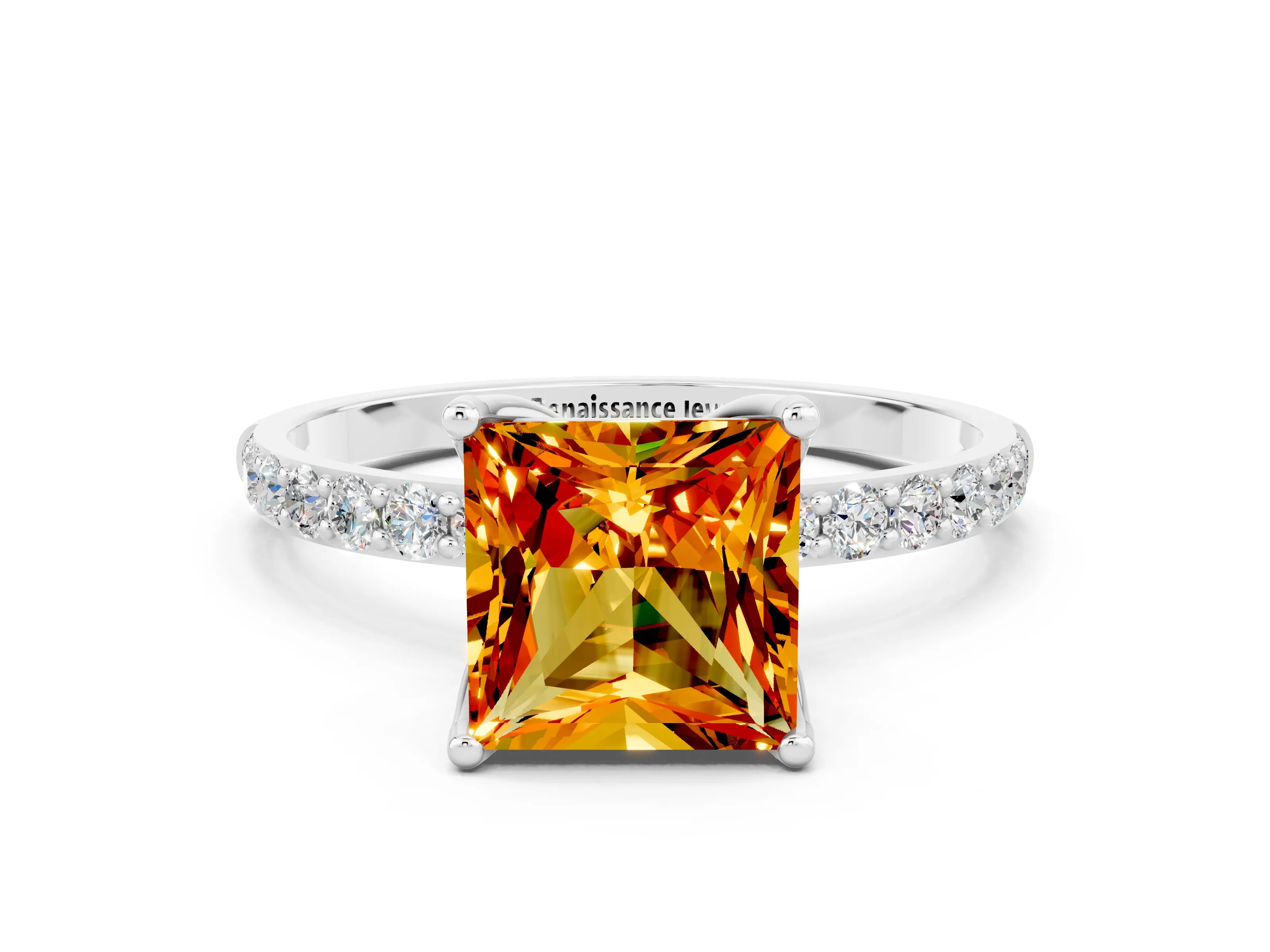 White gold Princess Cut Citrine Solitaire Engagement Ring with Pavé Band and Prong Setting
