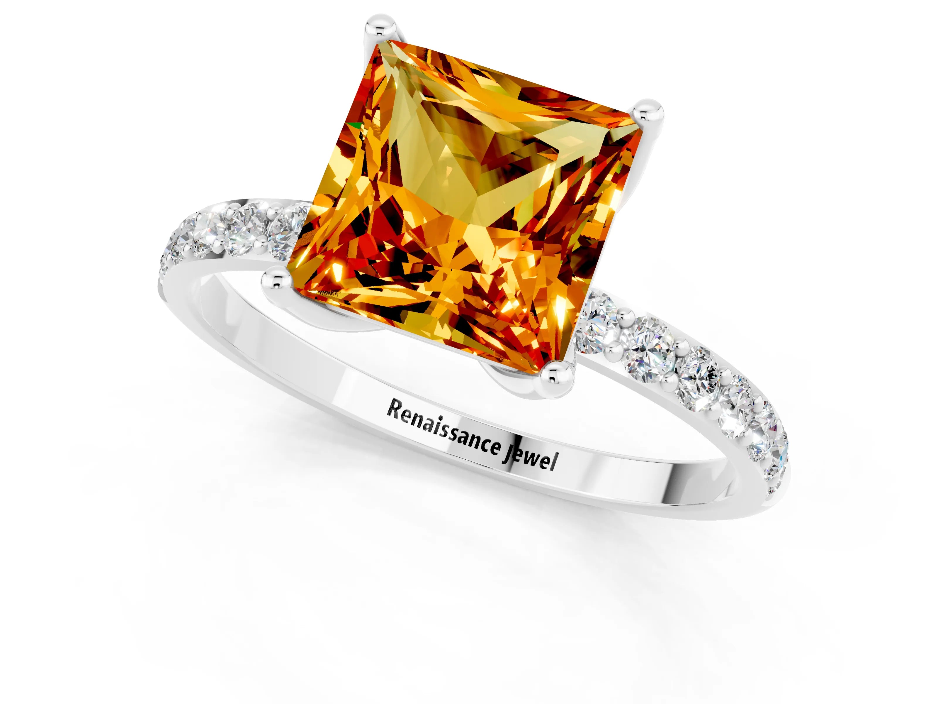 White gold Princess Cut Citrine Solitaire Engagement Ring with Pavé Band and Prong Setting_1
